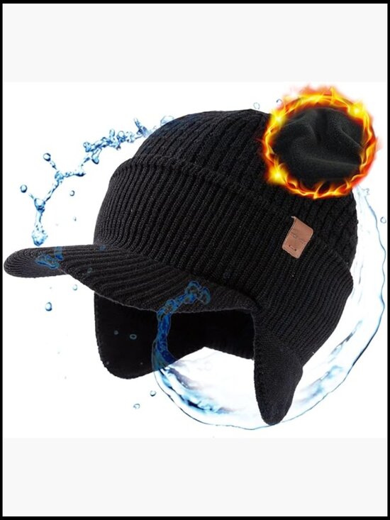 Merino Wool Waterproof Brim Beanie with Earflaps, Fleece-Lined, Unisex Winter TOP-EX 80% Merino Wool Waterproof Ear Flap Beanie Black M/L  main image 4